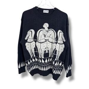 HOM sweater XL lambswool crew pullover equestrian horse chariot Italy gray white